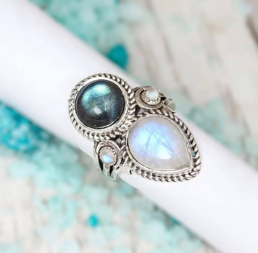 Anillo HECHIZO Piedra luna y Labradorita